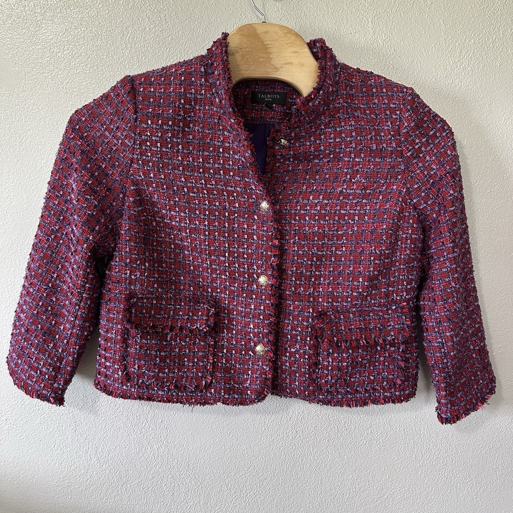 Talbots Purple Red Tweed Jacket Blazer Gold Buttons Size 14Petite Old Money‎